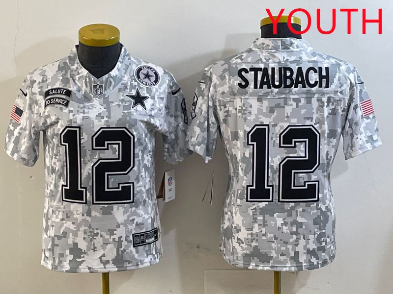Youth Dallas Cowboys #12 Staubach Camo Nike Olive Salute To Service Limited NFL Jersey style 2->youth nfl jersey->Youth Jersey